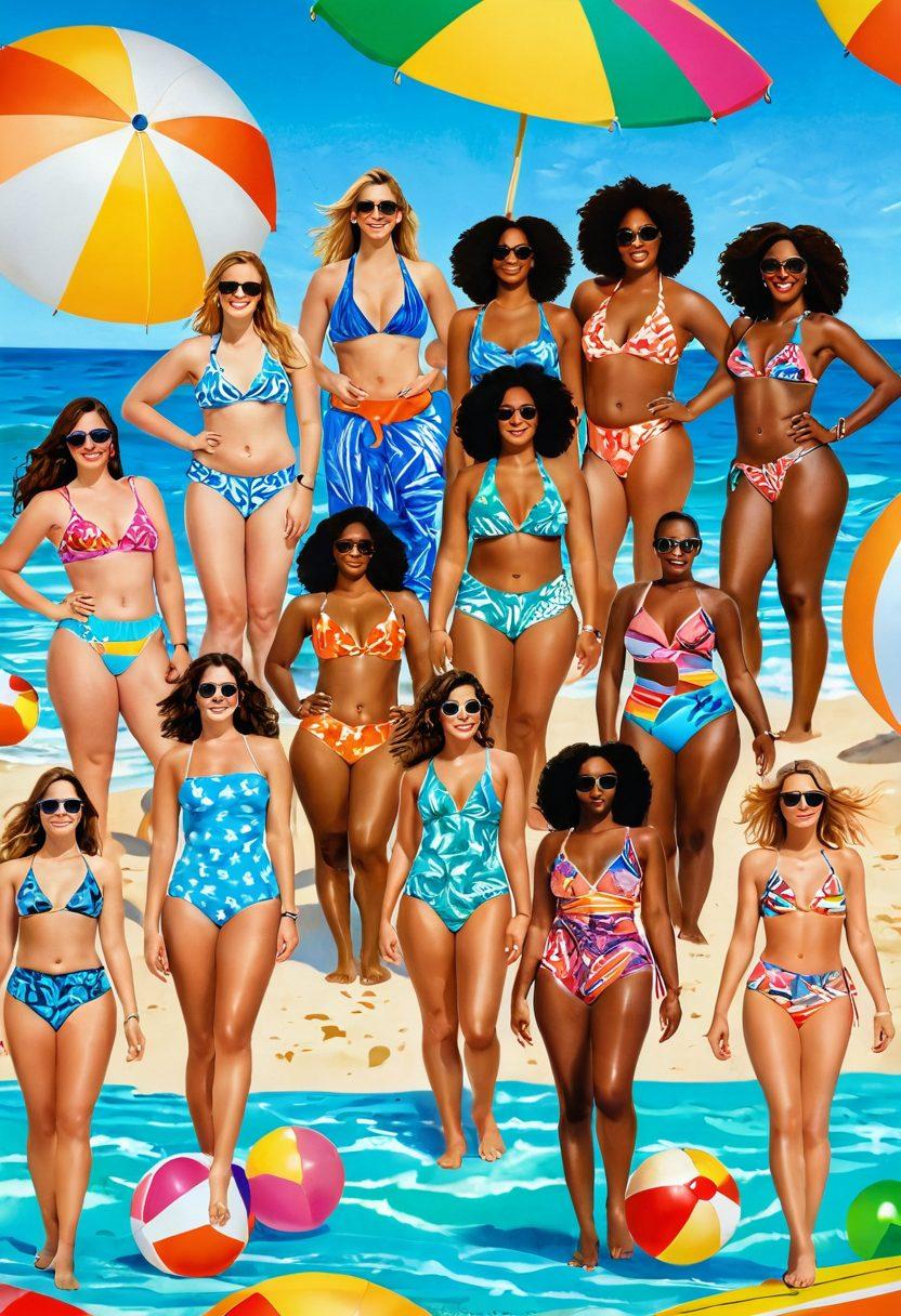 A vibrant beach scene showcasing diverse individuals of all body types wearing colorful and stylish swimwear, joyfully embracing the sun and surf. Features bold patterns, bright colors, and a backdrop of clear blue skies and gentle waves, emphasizing confidence and body positivity. Include beach accessories like sunglasses and beach balls to enhance the festive atmosphere. warm pastel colors. sunny day. vibrant colors. tropical vibe.